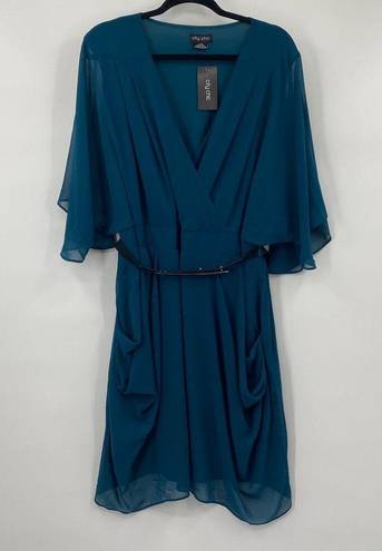 City Chic  Faux Wrap Fit & Flare Mini Dress Chiffon Flowy Teal NEW Womens 20 Plus