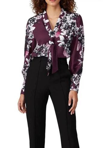 Natori  Purple Floral Neck Tie Button Down Blouse