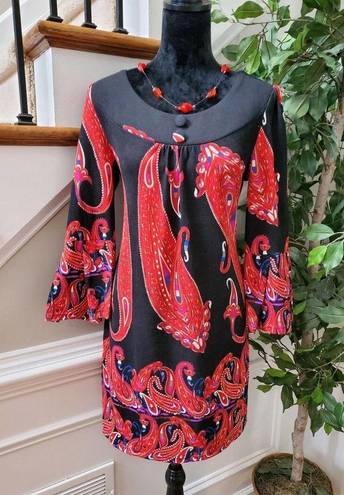 Aryeh  Women Black/Red Polyester Round Neck Long Sleeve Knee Length Dress Size L