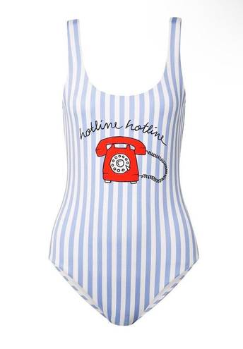 Ganni  Printed One Piece Swimsuit Blue & White Stripe