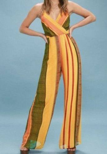 Beach Club Lulu’s Yellow  Striped Wide Leg Jumpsuit Size Small