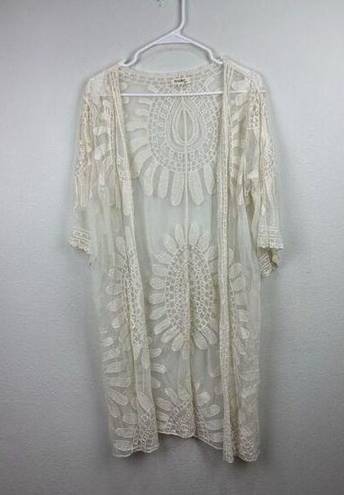 Rebellion  Ivory Cream Lace Kimono Wrap Size Medium Crochet Bohemian Duster