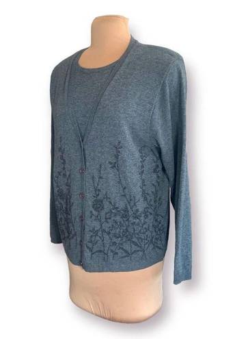 Vintage Alfred Dunner Cardigan Sweater Two In One Layered Gray Floral Appliqué Size L