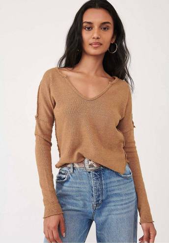 We The Free Light Brown Knit Frayed Slouch VNeck Sweater