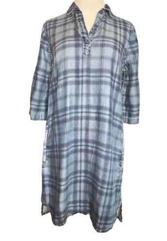 Beach Lunch Lounge Womens Blue Plaid Denim Chambray Roll Tab Sleeves Dress Sz XS