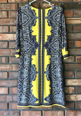 Sandra Darren NWOT  Mod Yellow & Blue 3/4 Sleeve Shift Dress Size Large Boho