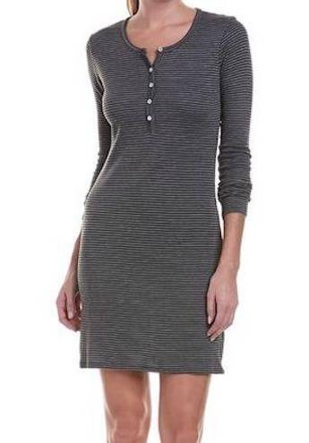 LA Made New  Striped Ribbed Knit Long Sleeve Henley Mini Dress Navy Grey