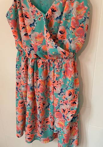 Lush Clothing Lush faux wrap mini dress spaghetti straps teal orange floral women’s size Small