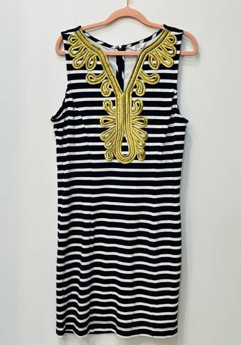 Crown & Ivy Women's Shift Dress Navy/White Stripe with Gold Accent sz Medium.