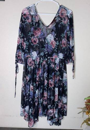 Bongo  Floral Print Rose V Neck Open Sheer Dress Swimsuit Cover Up Beach