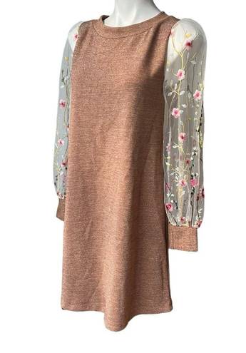 Renee C . Brown Metallic Dress with Sheer Mesh Embroidered Long Sleeves; Sz M