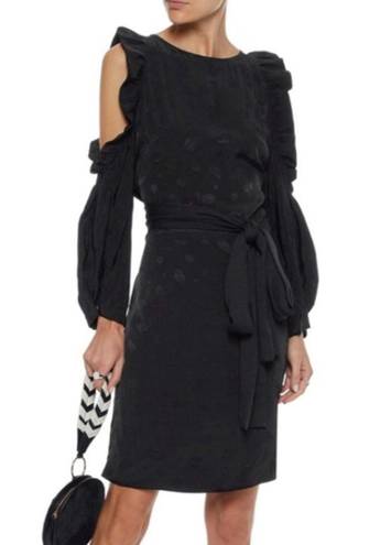 Maje  Satin Black Cold-Shoulder Ruffled Paisley-Jacquard Dress Women's Size 2