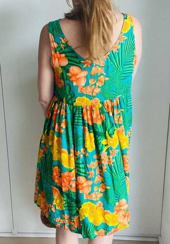 American Vintage 90s Hawaiian Tropical Print Sun Dress  Green Peach Medium Mini coverup Poolside