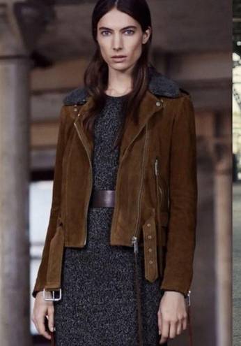 All Saints Plait Western Biker Suede Jacket Size 2 US Brown Goat