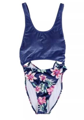 PINK - Victoria's Secret  BLUE FLORAL VELVET CUTOUT CHEEKY SWIMSUIT M