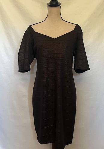 Bisou Bisou  Gold Shimmer Midi Bodycon Dress Size 14 Brown Sweetheart Neck