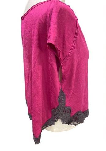 We The Free  Hot Raspberry Pink crop top gray lace trim Oversized NEW Size SMALL