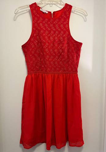 Socialite Red Eyelet Chiffon Skater Sleeveless Dress - Size Medium