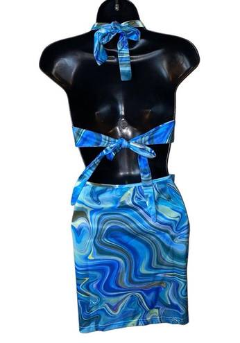 One Piece 🎓 Tie Dye Blue  Y2K Sheer Bodycon Halter Top Dress