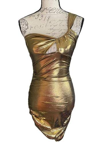 Micas  Gold Metallic One Shoulder Ruched Mini Dress X-Small
