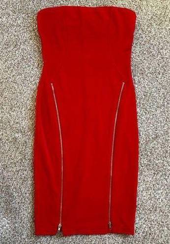 Sans Souci  Red Strapless Bodycon Dress Formal Party Medium Gold Zipper Detail