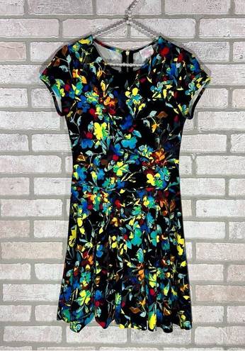 Parker  Bold Floral Print Short Sleeve Fit and Flare Dress Size S