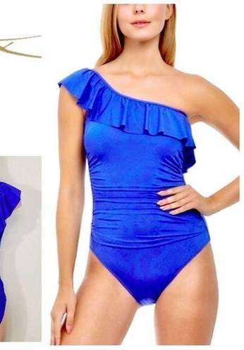 Gottex New.  blue snakeskin ruffle swimsuit. Retails $138. Size 12