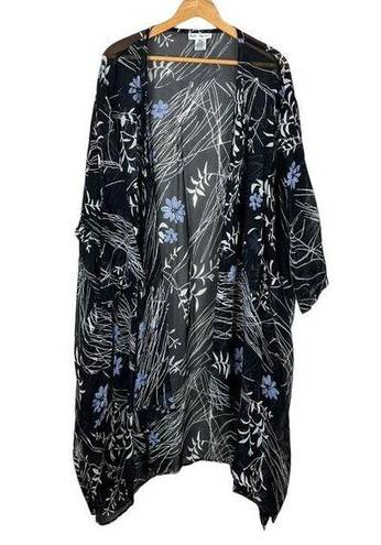 Ulla Popken‎ Kimono Duster Womens 32/34 Black Floral Colorful Sheer 3/4 Sleeve