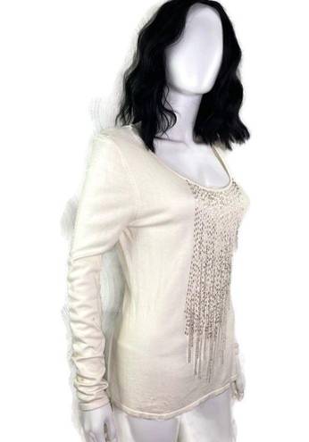 Natori Josie  Beaded Sequin Blouse Fringe Knit Top Long Sleeve‎ Women's Size M