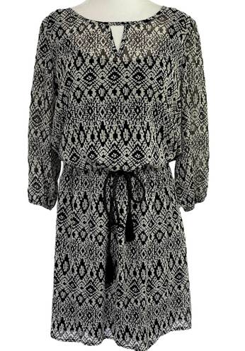 Bebop New  Tassel Tie Waist Keyhole Mini Dress Black White Geometric Print