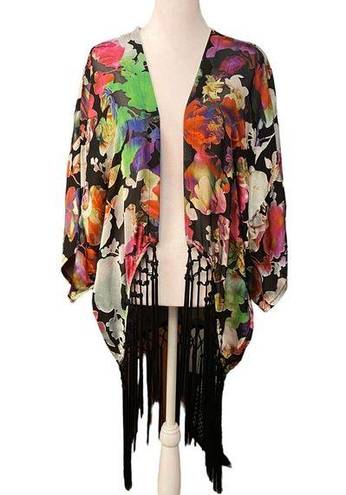 Joseph Ribkoff  sheer open front floral shawl tassel coverup shrug size 8/Medium