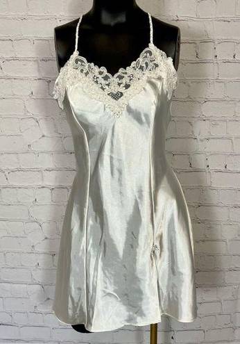 Linea Donatella  White Beaded Nightgown Lingerie Satin Babydoll Medium