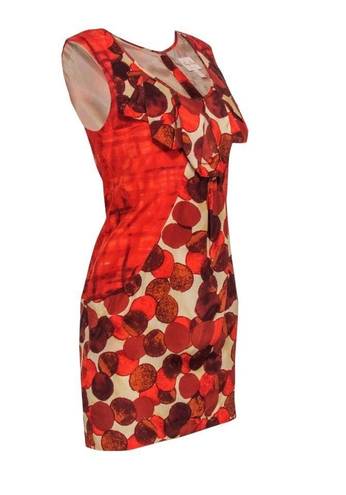 Tracy Reese retro mid-century orange circle print cap sleeve silk sheath dress -6  Gently used in very good condition.  New York size women’s 6. 100% silk.