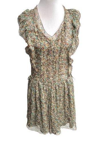 Zadig & Voltaire  Rimana Ruffle Cap Sleeve Silk Dress Green Blue Maroon Size XS