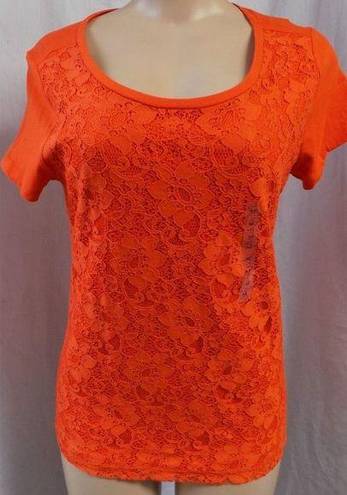 The Loft "" ORANGE LACE FRONT LINED SHORT SLEEVES SCOOP NECK T-SHIRT TOP SIZE: S NWT