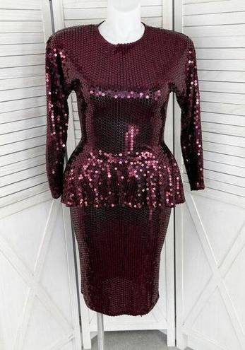 Oleg Cassini Vintage  Sequin Peplum Sheath Party Dress Maroon Red 10 Long Sleeve