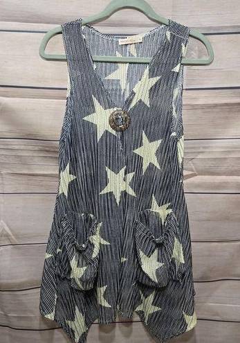 Paradise USA Navy Cream Star Beach Boho Women's Swim Cover Up Dress Size Medium