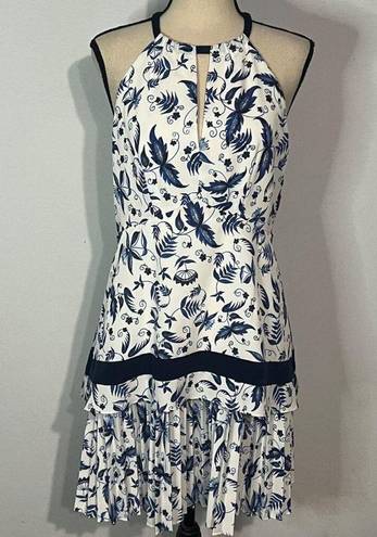 Shoshanna  Georgian White Blue Floral High Neck Sleeveless Shift Dress Women's 8