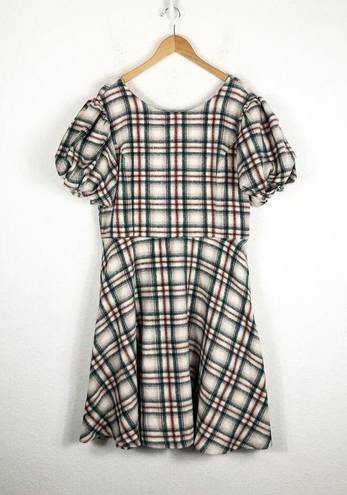 Krass&co Ivy City  Molly Plaid Flare Dress 1X Puff Sleeves Knee Length Plus Size