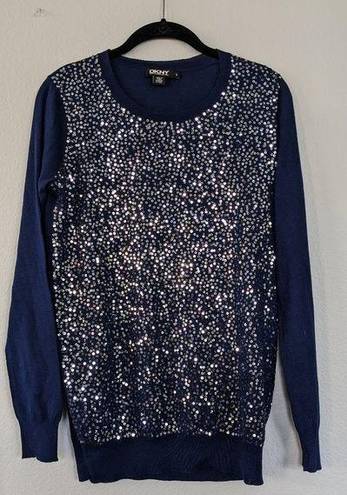 DKNY  Navy Silk and Cashmere Embellished Sequin Holiday Winter Sweatshirt, Small