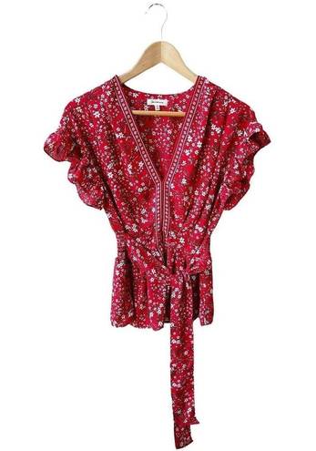 Max Studio  Red Daisy Floral Ruffled Cap Sleeves Tie Waist Peplum NWOT Size S