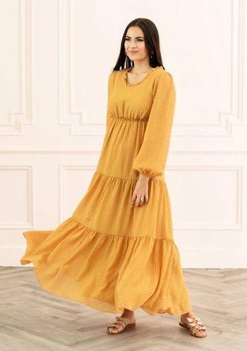 Rachel Parcell  Mustard Yellow Ruffled Tiered Long Sleeve Maxi Dress Textured