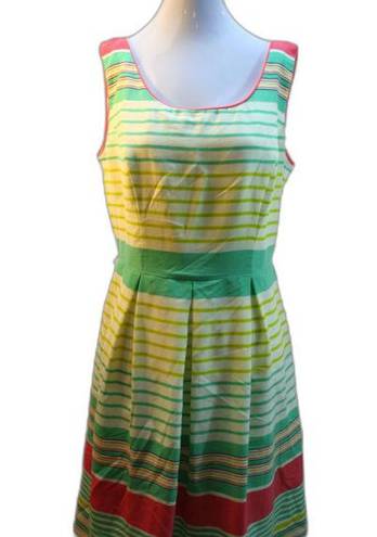 Tiana B . Green Yellow Striped Sleeveless Fit-n-Flare Day Work Spring Dress sz 8