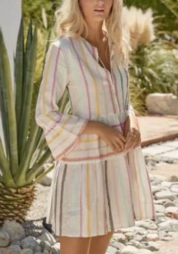 PilyQ  Morgan White Multistripe Embroidered Long Bell Sleeves Beach Mini Dress M