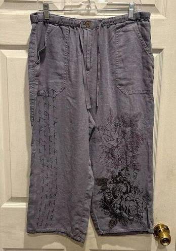 J.Jill  Wide Leg Cropped Pants 14 Chambray Blue  Purple Floral 100% Linen