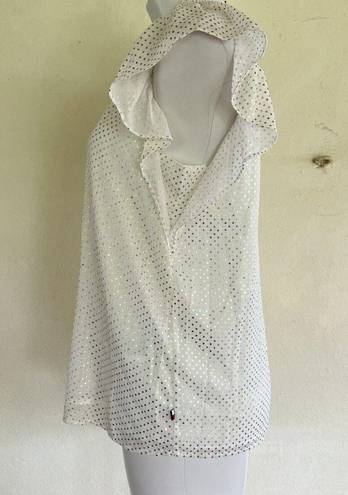 Tommy Hilfiger  Mock neckline ruffle Flutter Sleeve top MEDIUM pin dots off white