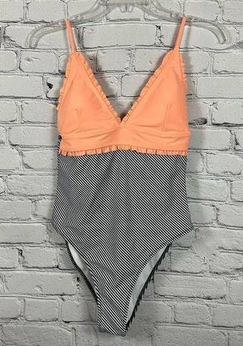 Beachsissi  One-Piece Swimsuit Peach Ruffled Black & White Stripes S (4-6) NWT