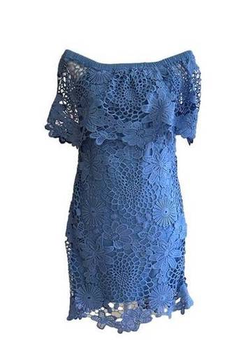 Mimi Chica  Dress Blue Lace Crochet Off Shoulder Short Sleeve Mini Dress Medium