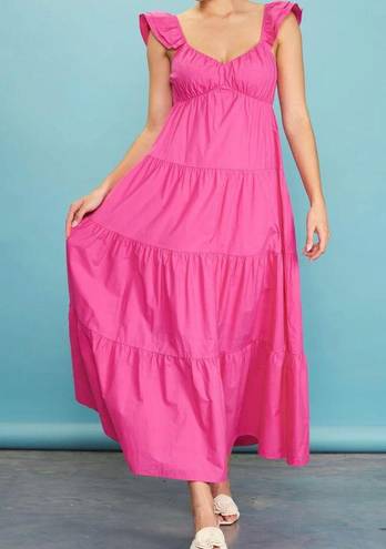 Free The Roses  NWT Flamingo Fuchsia Pink Poplin Tiered Ruffle Maxi Dress Small