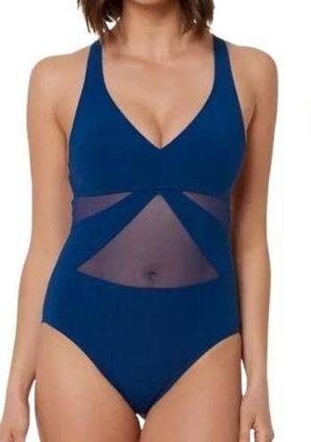 Bleu Rod Beattie  Women's Blue Sheer Mesh Panel Strappy Back One Piece Swimsuit